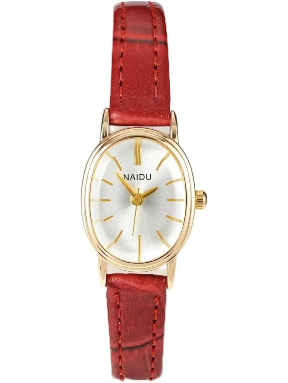 Women's Red White Analog Quartz Classic Oval Case PU Leather Casual Wrist Watch